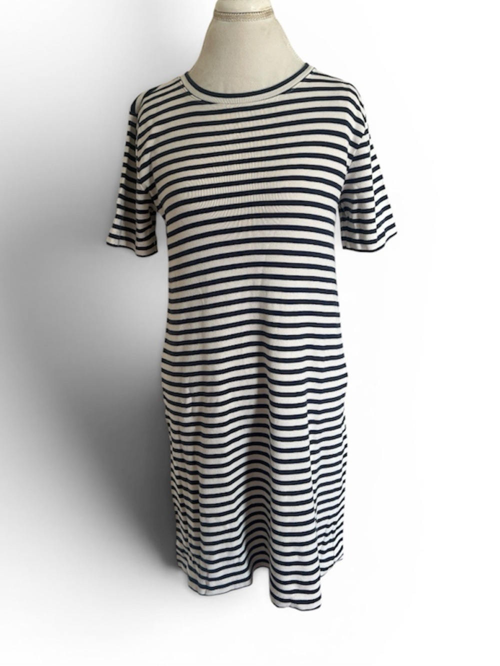 Lou & Grey Navy White Striped T-Shirt Dress Organic Cotton XS Nautical